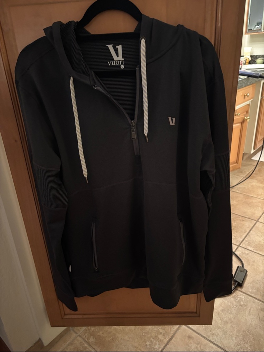 Vuori Black Half-Zip Hoodie with White Drawstrings